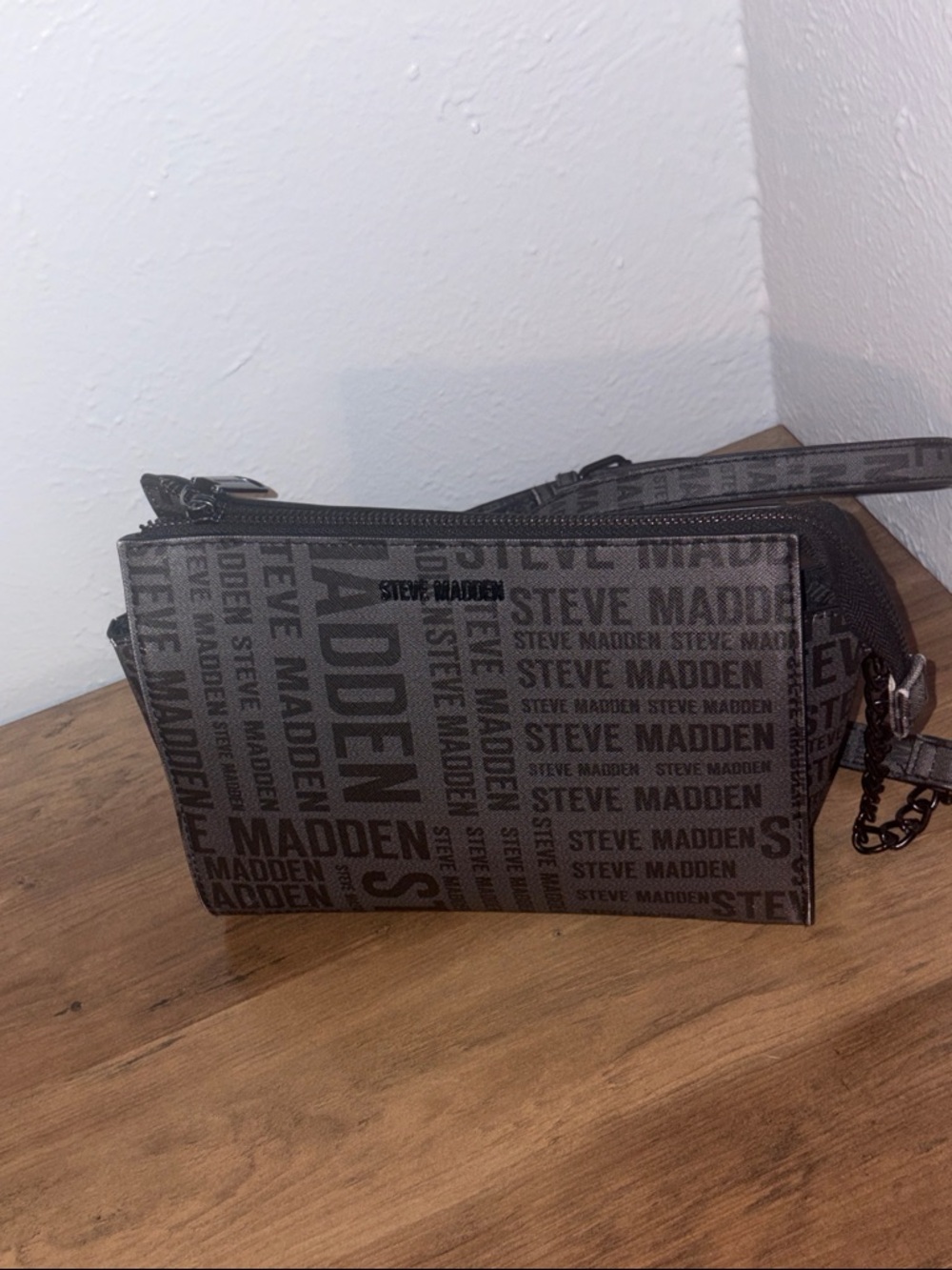Steve Madden Black Logo Crossbody Pouch with Chain Accent